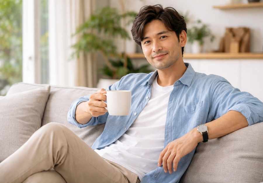部屋でリラックスしてコーヒーを飲んでいる容姿の整った30代日本人男性