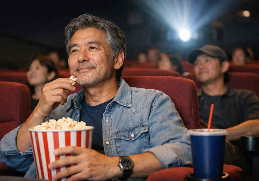 50代の男性が休日に映画館で映画を見ている