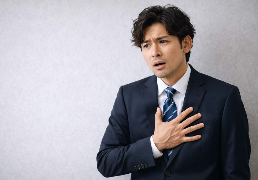 スーツを着て緊張して心臓あたりを手で押さえている容姿の整った30代日本人男性