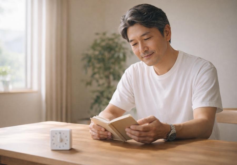 膀胱訓練の4週間プログラムを解説する記事のカバー画像|ノートとタイマーを前に穏やかに過ごす中年男性