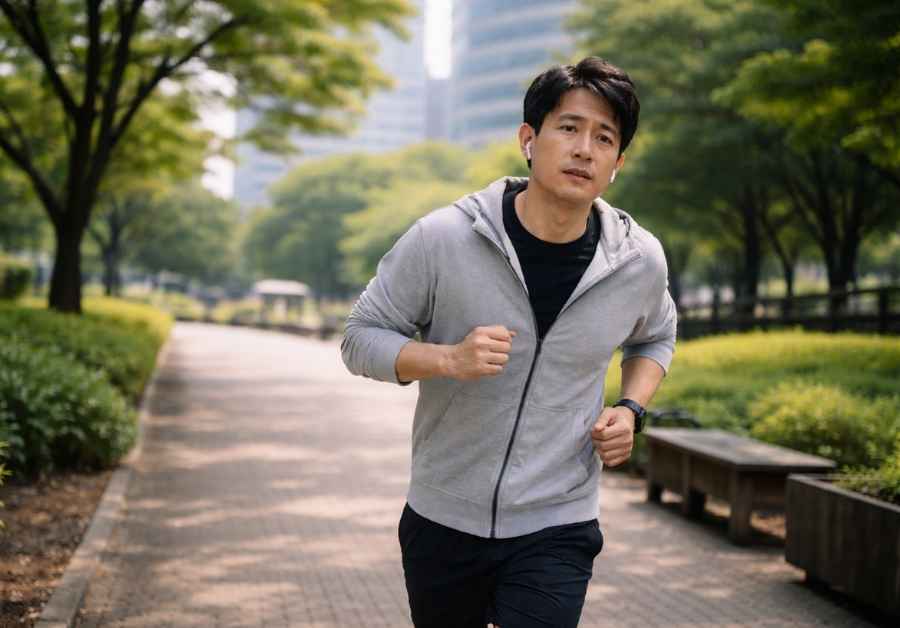 尿漏れパンツが不安で走っている40代男性