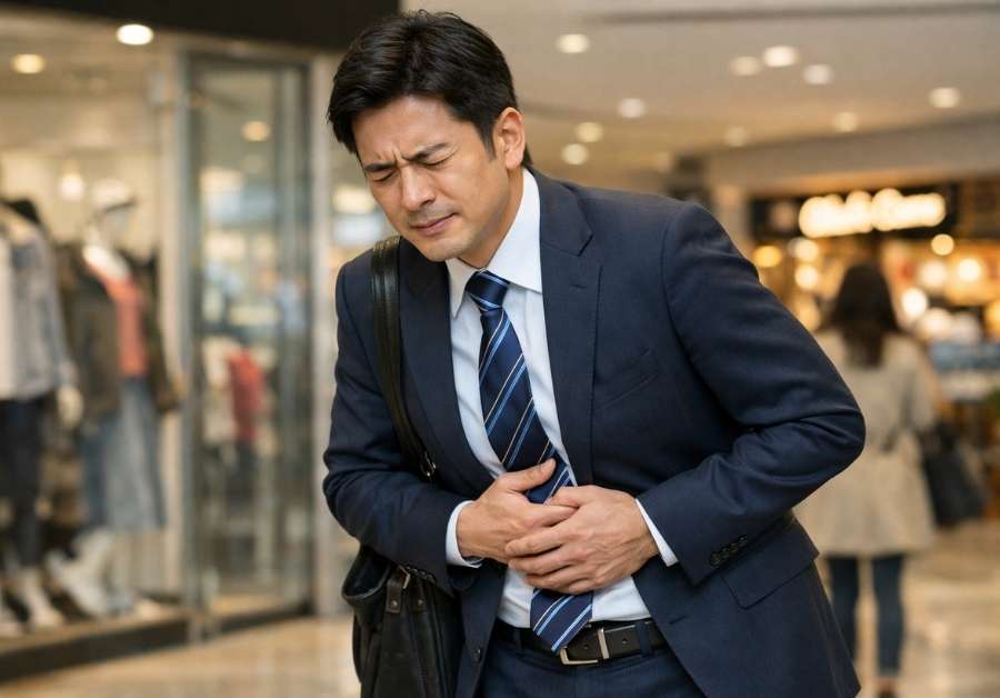 39歳の容姿の良いサラリーマンがショッピングモールでお腹が痛くなって、お腹を手で押さえてる