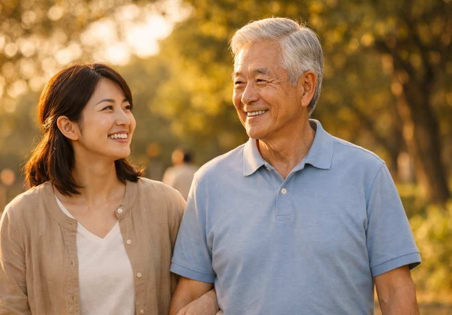 60代の父親と娘が公園を歩く家族写真|父親世代の尿漏れ対策と代理購入ガイド