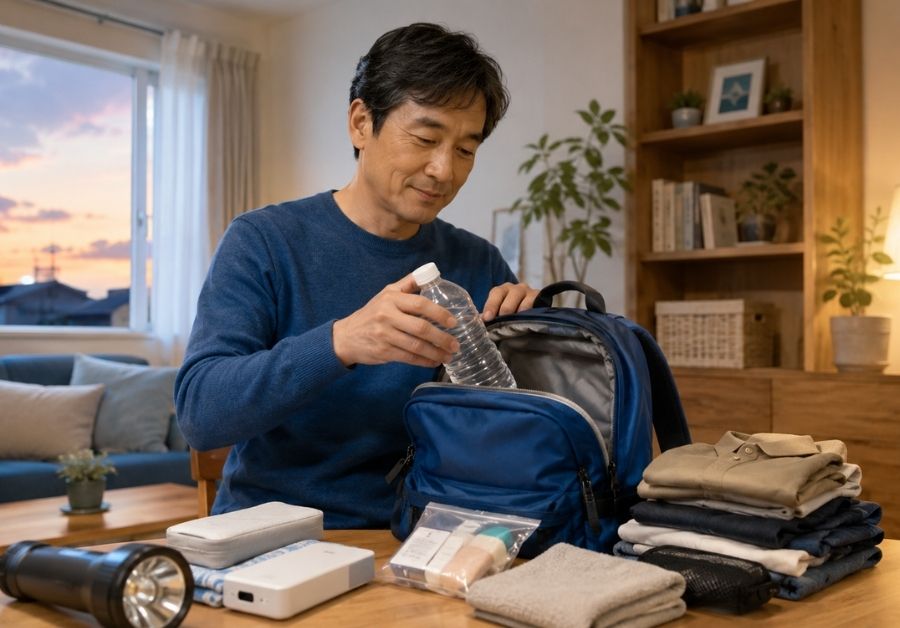 停電・断水に備えて防災リュックを点検する男性|災害時にも役立つ男性用吸水パンツの備え