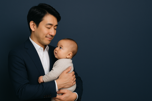 A clean and professional image of an East Asian father in a suit holding his infant against a navy background, conveying trust and reassurance.