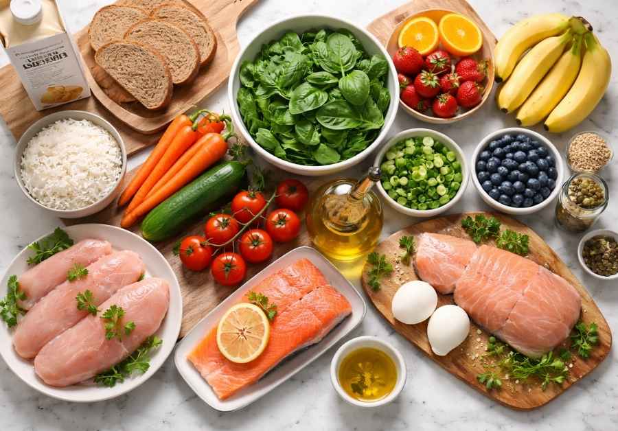 新鮮な野菜と果物、タンパク質、穀物が美しく配置された低FODMAP食品の真上からの写真