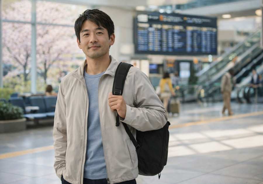 30代後半から40代の男性が春のゴールデンウィークに駅や空港で旅行準備ができて自信を持って立っている様子