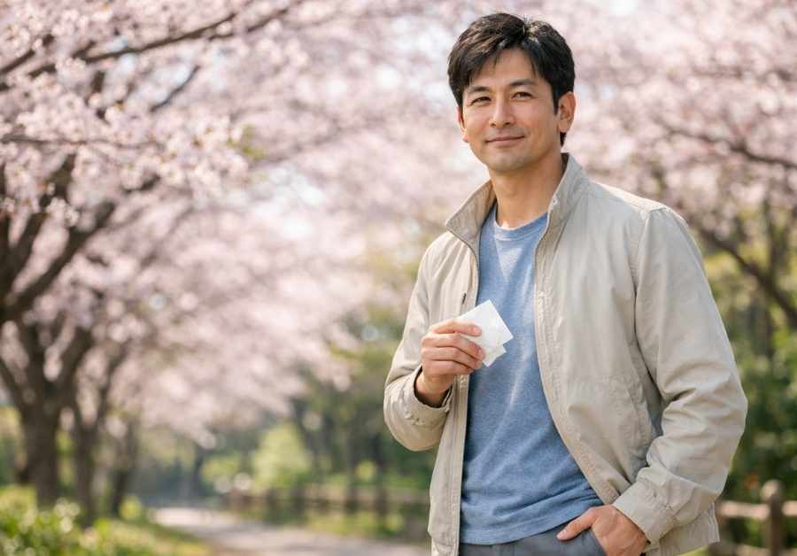 30代後半から40代の男性が満開の桜が咲く春の公園で健康的に花粉症を管理している様子
