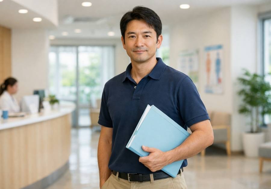 40代の男性が現代的な医療施設で健康診断の書類を持ち準備万端で自信を持って立っている様子