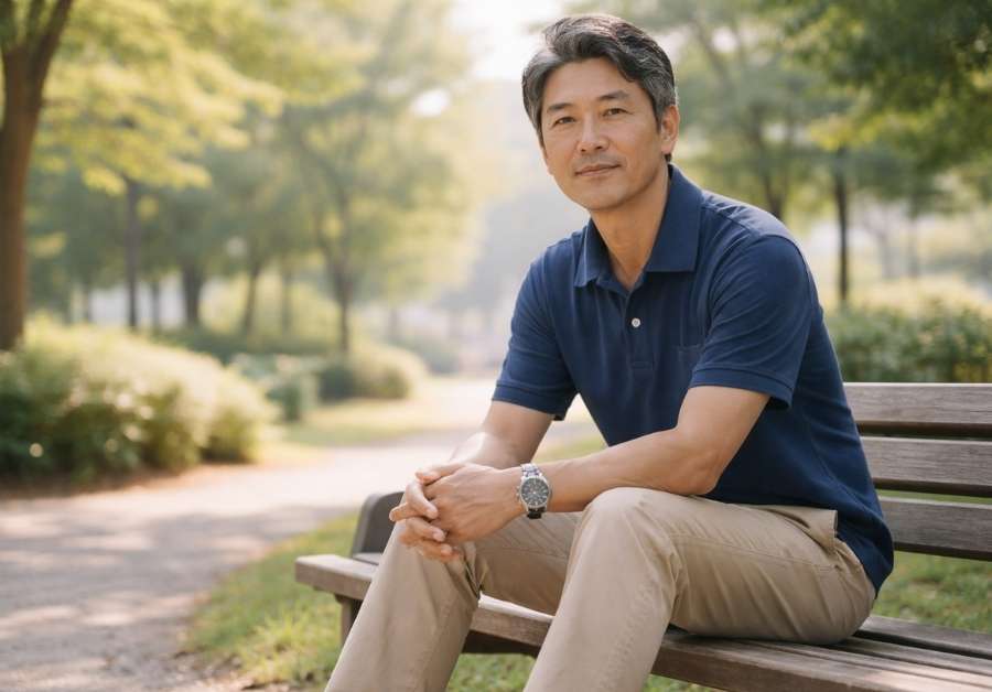 頻尿の原因と対策を解説する記事のカバー画像|公園で穏やかに過ごす中年男性