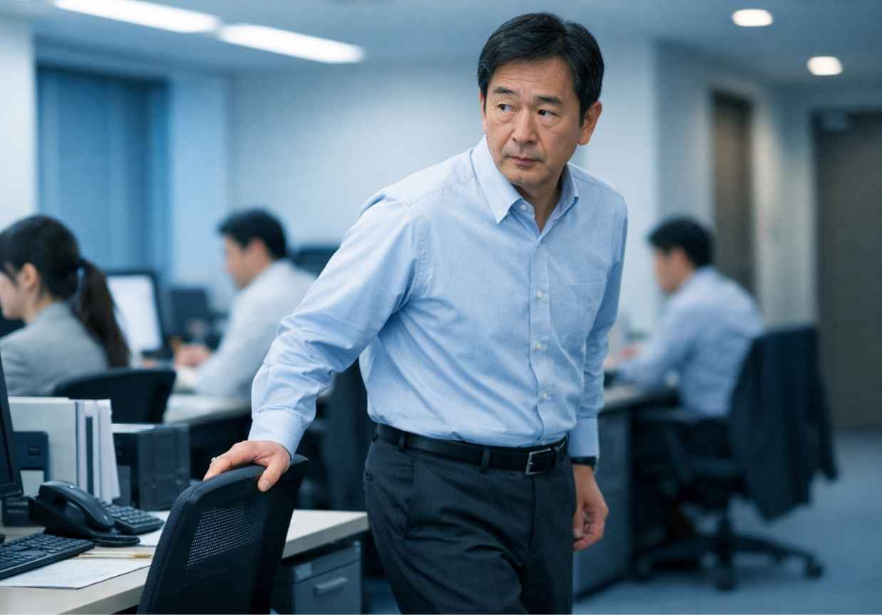 オフィスで席を立ちトイレに向かう中年男性の後ろ姿