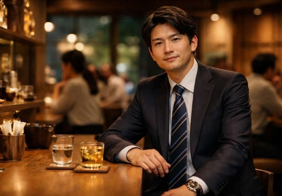 居酒屋カウンターで少量のお酒とチェイサーを前に落ち着いた表情の中年男性。IBSと上手にアルコールと付き合うイメージ。