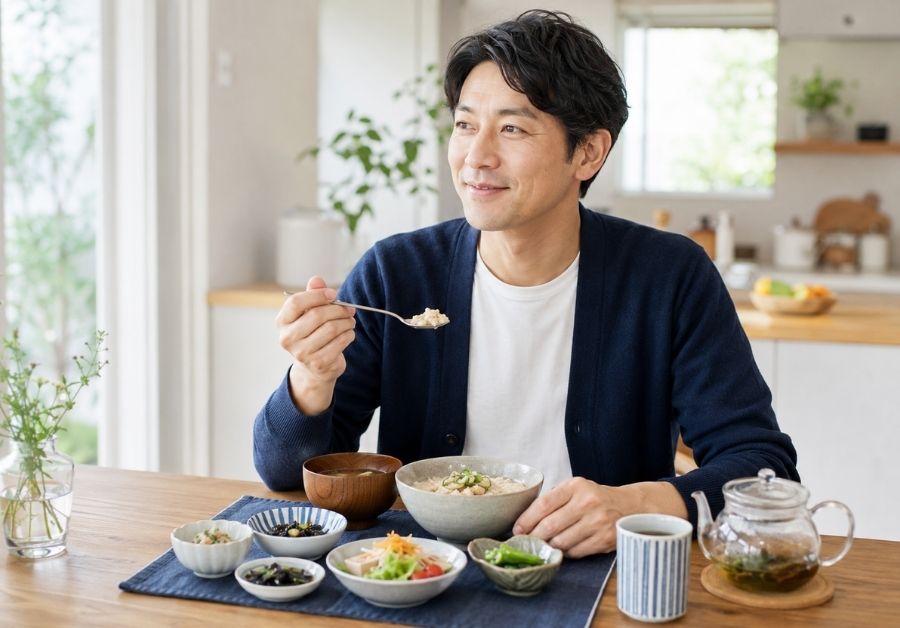 便秘型IBS対策|水溶性食物繊維の多い健康的な朝食を楽しむ日本人男性