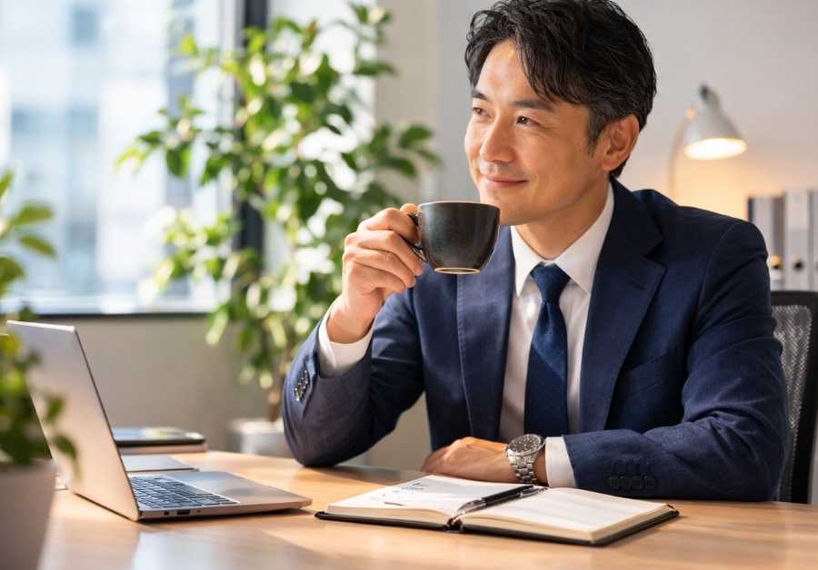 オフィスでデカフェコーヒーを穏やかに楽しむ40代ビジネスマン。IBSとカフェインの付き合い方を見つけたイメージ。