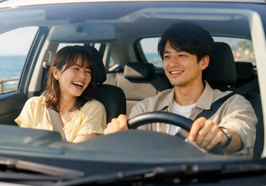 海沿いのドライブデートで笑い合う20代後半のカップル。IBSの不安を乗り越え楽しむイメージ。
