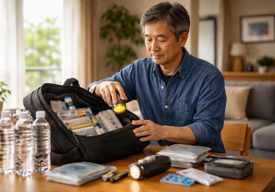 自宅で防災バッグの中身を整理する中年男性。IBS対応の携帯トイレや薬を備えて災害に備えるイメージ。
