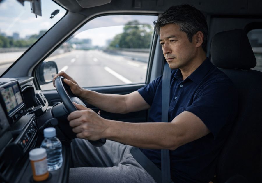 40代後半から50代前半の運転手が商用車で集中し決意を持って健康管理しながら運転する様子