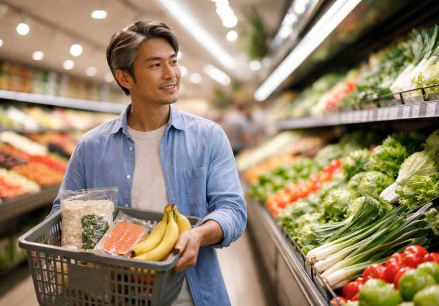 スーパーの青果コーナーで買い物カゴを持つ40代半ばの日本人男性