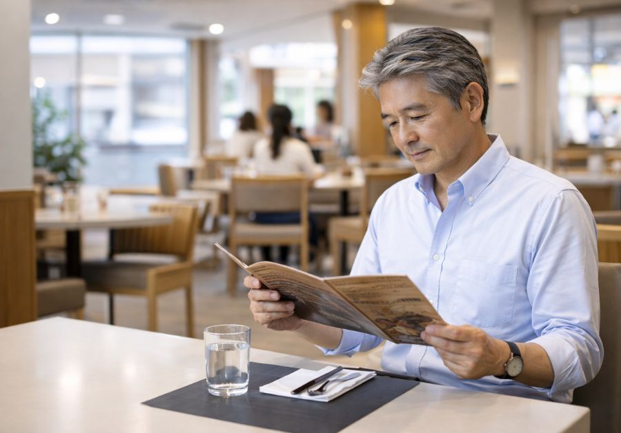 和食・ファミレス・うどん店で安心して食事を楽しむ日本人男性 - IBS外食ガイド