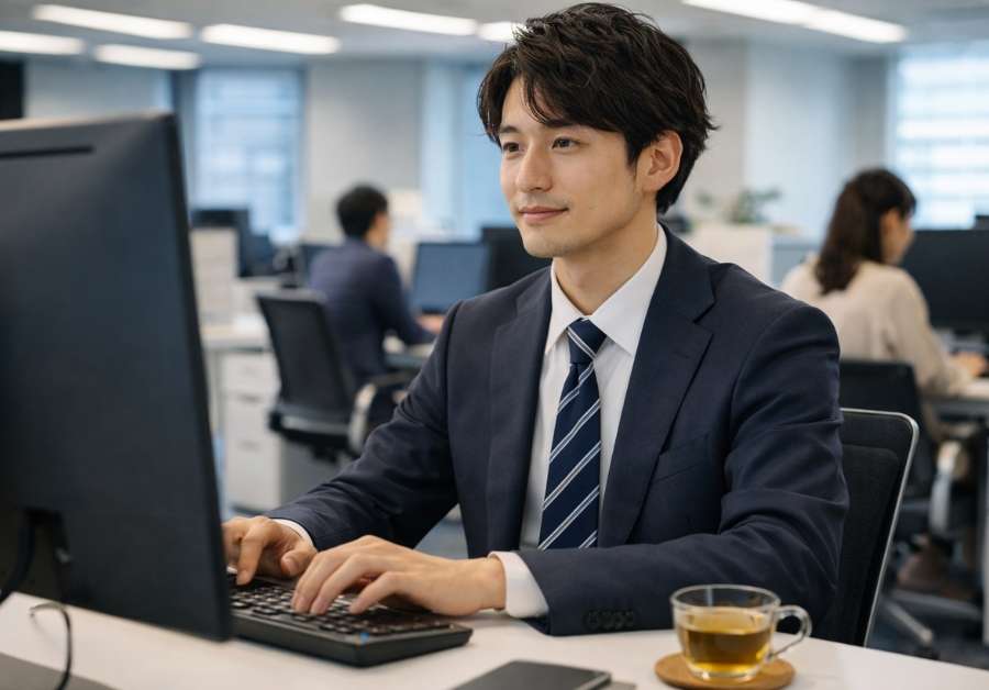 オフィスで落ち着いて仕事をする20代後半のビジネスマン。IBSガス型の不安を乗り越え集中するイメージ。