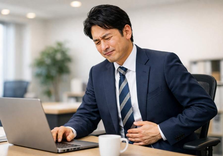 オフィスでお腹の張りに悩むビジネスマン|IBSガス型・膨満感の原因と対策