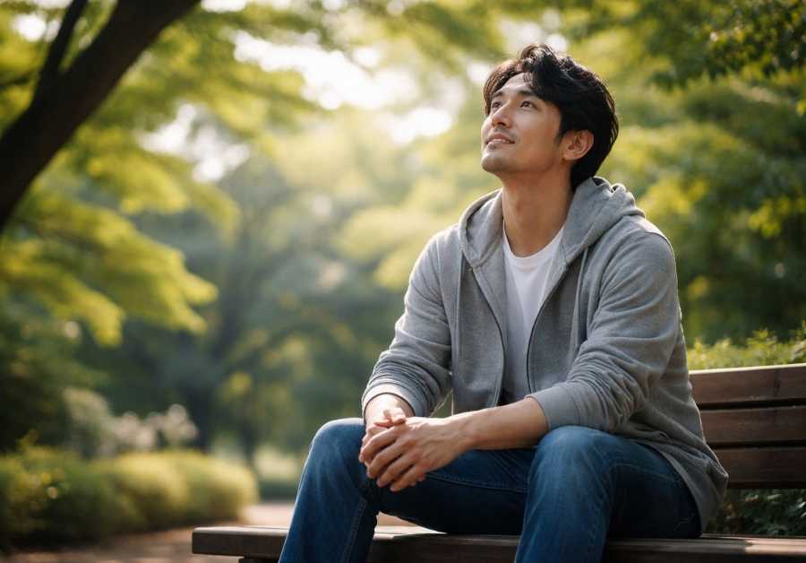 公園のベンチで木漏れ日の中空を見上げる30代後半の日本人男性