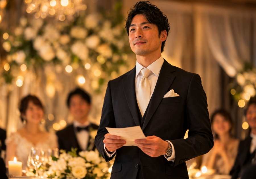 結婚式の披露宴でスピーチ原稿を手に持つ30代半ばの男性。IBSの不安を乗り越えて友人代表スピーチに臨むイメージ。