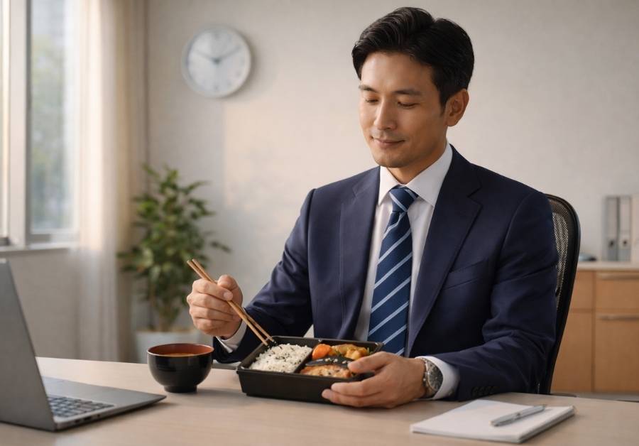 オフィスで軽い弁当を落ち着いて食べる40代ビジネスマン。昼食後のIBS対策として分割食を実践するイメージ。