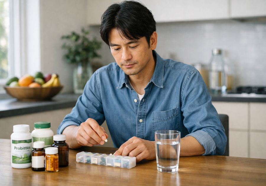30代後半の男性が薬とサプリメントを整理し責任を持って健康を管理する様子 - IBS治療ガイド