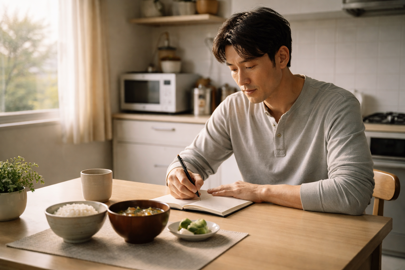 朝食を前に症状日記をつける40代男性。IBS混合型と向き合い自分のサイクルを記録するイメージ。