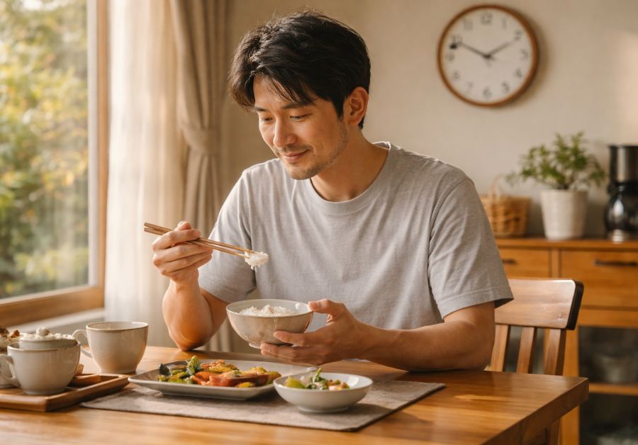 早朝に30代後半の男性が落ち着いて朝食を食べ時間に余裕がある様子 - 朝型IBSルーティン