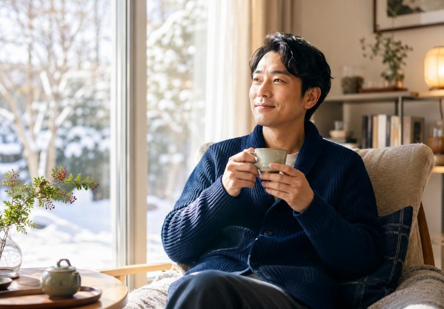 年末年始のIBS対策|冬の室内で温かいお茶を手に穏やかにくつろぐ日本人男性