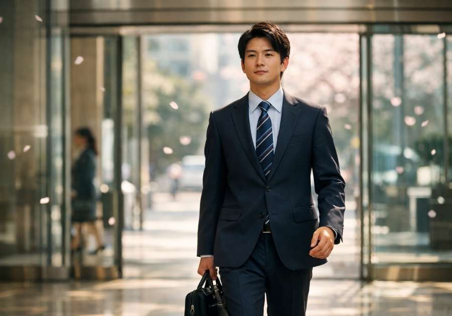 春に新しいオフィスビルへ向かうビジネスマン。転職・異動後のIBS対策に備えて落ち着いた表情で出勤するイメージ。