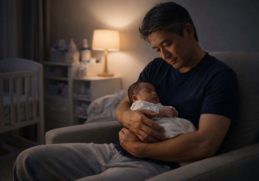 40代前半から半ばの父親が夜の育児室で疲れながらも愛情深く新生児を抱く様子
