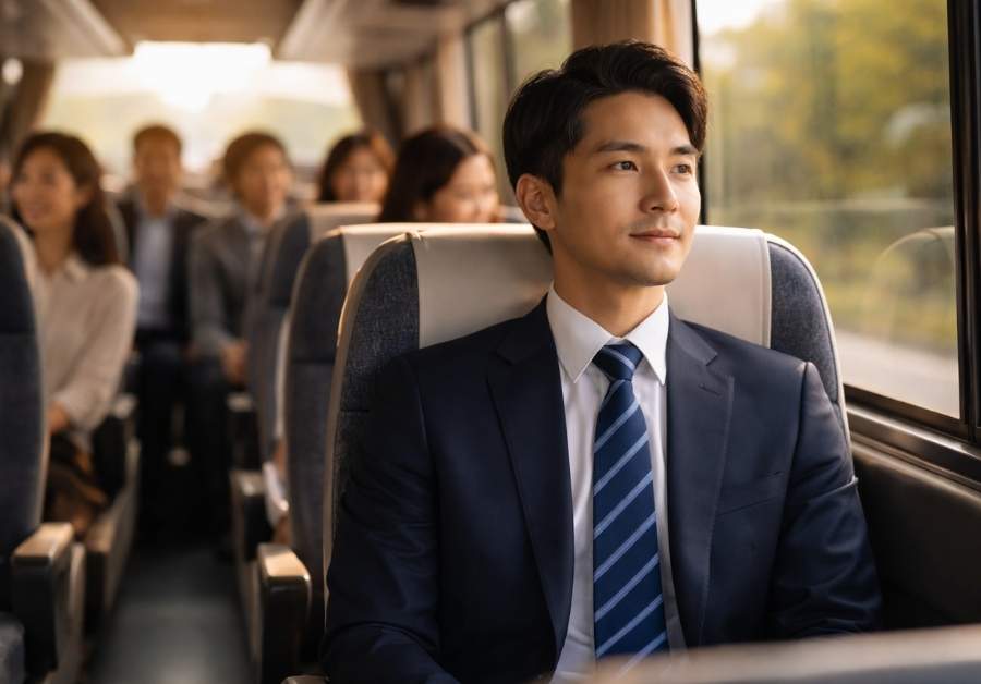 観光バスの最後尾席で窓の外を見る30代ビジネスマン。社員旅行への参加を決めた穏やかな表情。
