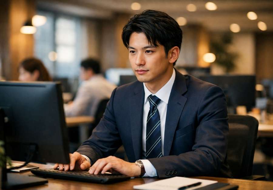 オフィスのデスクで自信を持って仕事に取り組む20代後半のビジネスマン。IBSの職場の無理解を乗り越えたイメージ。