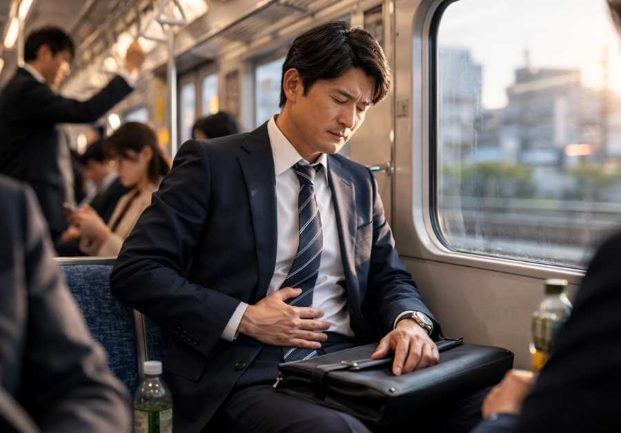 お腹を押さえながら通勤電車の中で不安そうな表情の中年男性