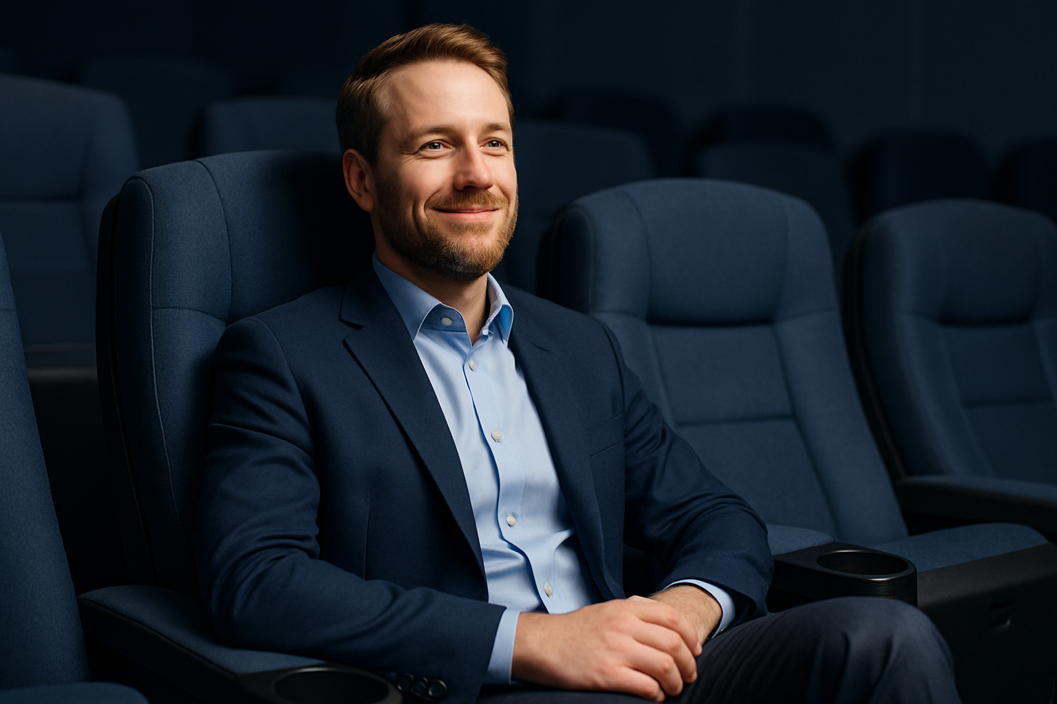 Western businessman sitting calmly in a cinema seat, symbolizing relief from IBS-related anxiety with supportive absorbent underwear solutions.