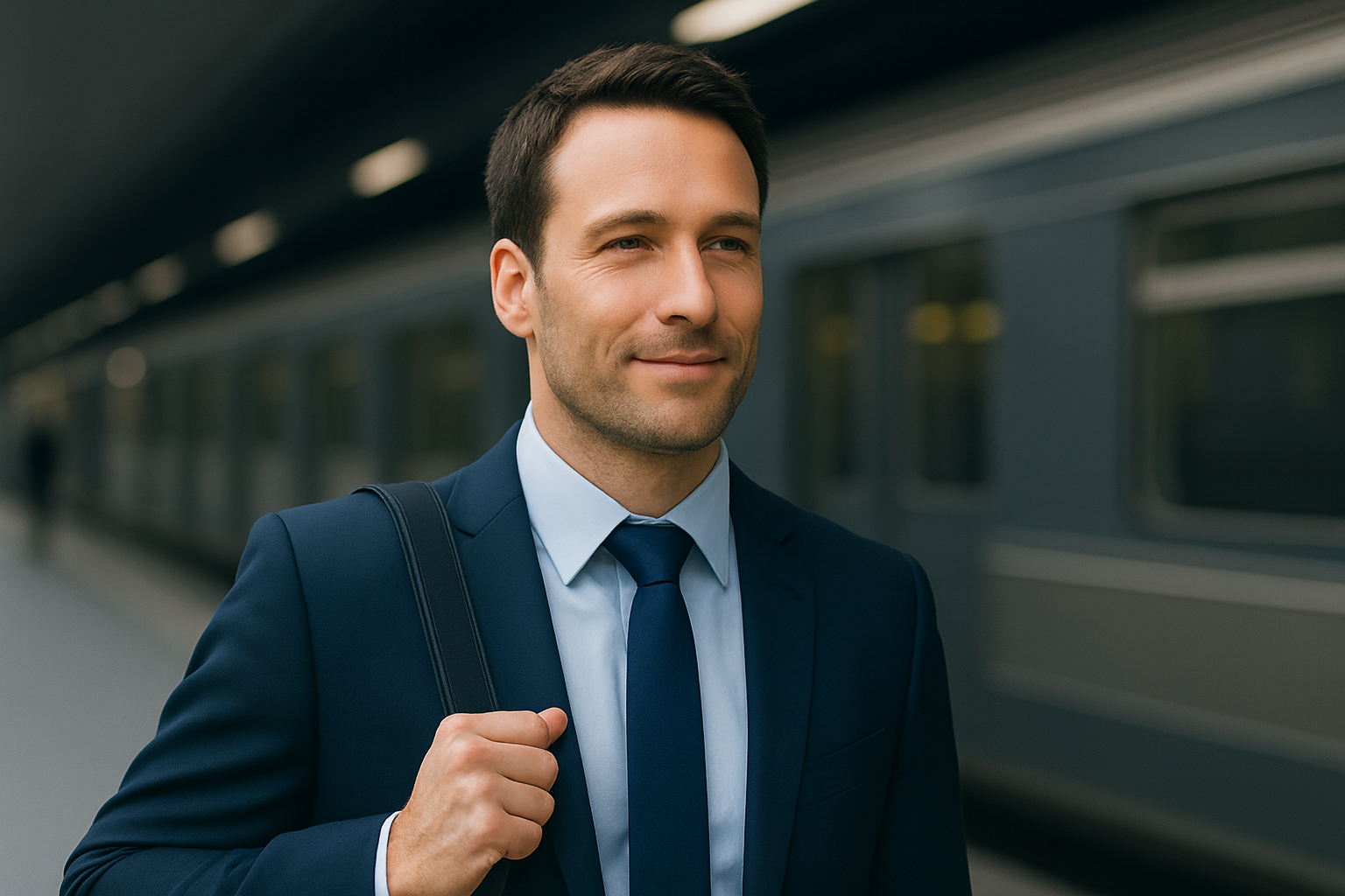 Western businessman standing confidently on a train platform in navy suit, symbolizing relief from commuting stress and IBS anxiety with supportive absorbent underwear solutions.