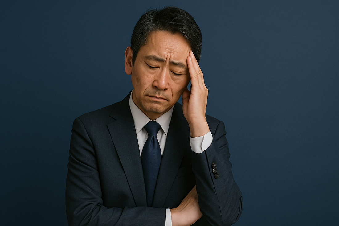 A clean and professional image of a middle-aged East Asian man in a suit looking worried, holding his head with one hand against a navy background, symbolizing anxiety and the search for peace of mind.