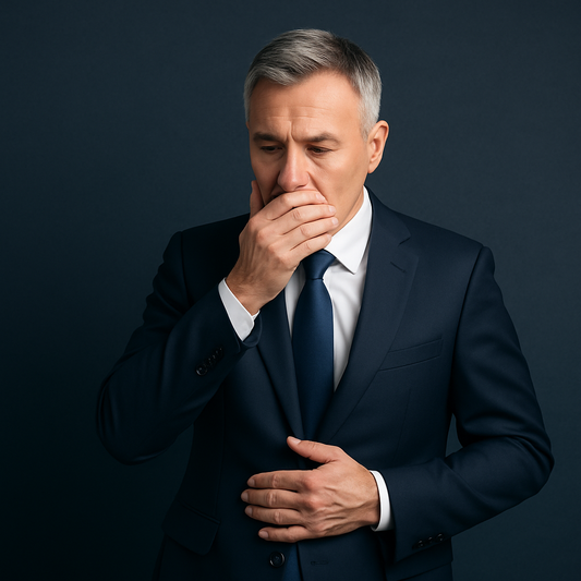 Middle-aged businessman preparing for work, symbolizing reassurance against double anxiety of IBS and urinary leakage with absorbent underwear