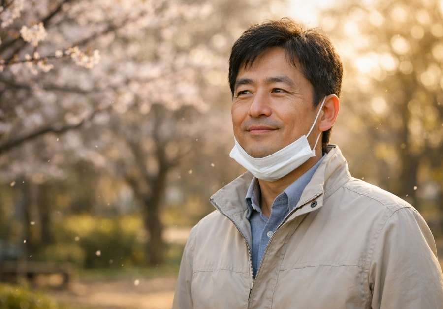 春の公園で穏やかな表情で立つ中年男性。花粉シーズンの尿漏れ対策に備えて安心して外出するイメージ。