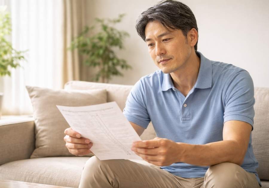 リビングで健康診断の結果用紙を見る50代前半の男性。前立腺肥大を初めて指摘され対策を考えるイメージ。