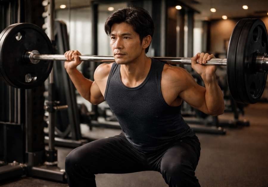 ジムでスクワットに集中する40代男性。尿漏れの不安を克服しトレーニングに復帰したイメージ。