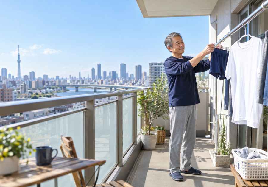 「ベランダで洗濯物を干す男性の朝の風景」
