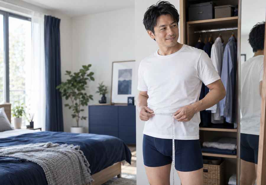 吸水パンツのサイズをメジャーで測る男性のウエスト