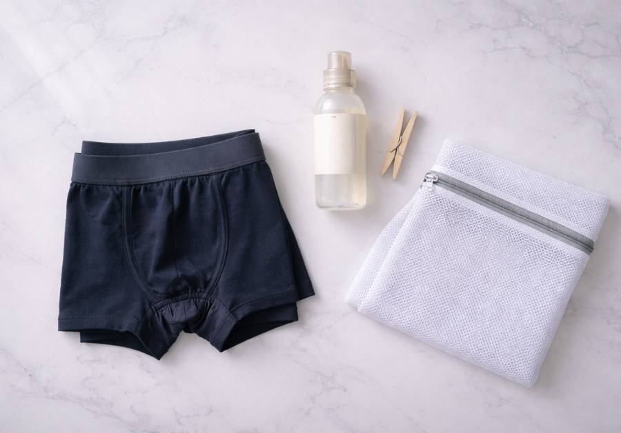 吸水パンツの洗い方を解説する記事のカバー画像|畳まれたボクサーパンツと洗濯ネットのフラットレイ