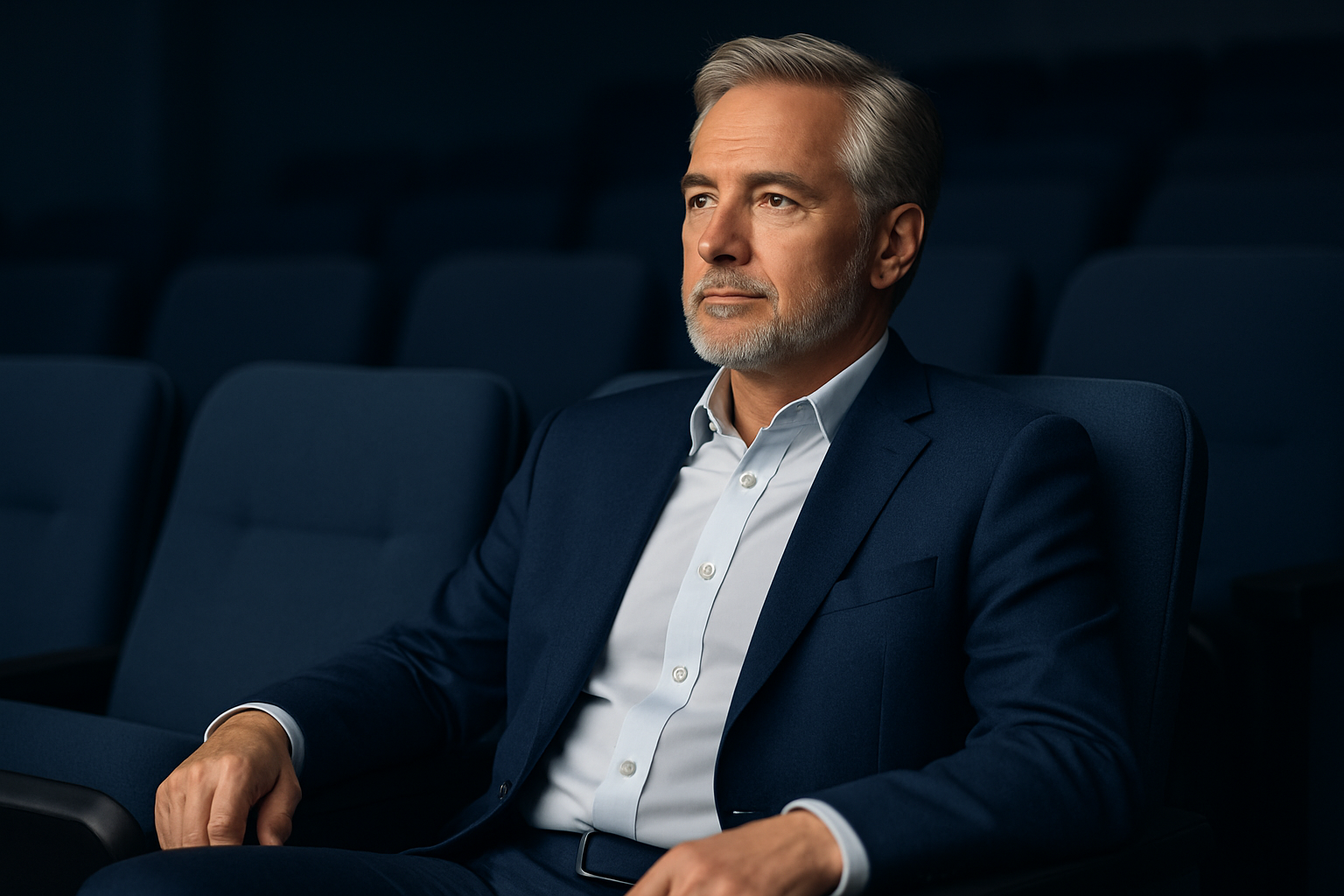 Western middle-aged man sitting calmly in a theater seat, symbolizing reassurance and comfort with absorbent underwear for urinary leakage prevention during long-seated leisure activities