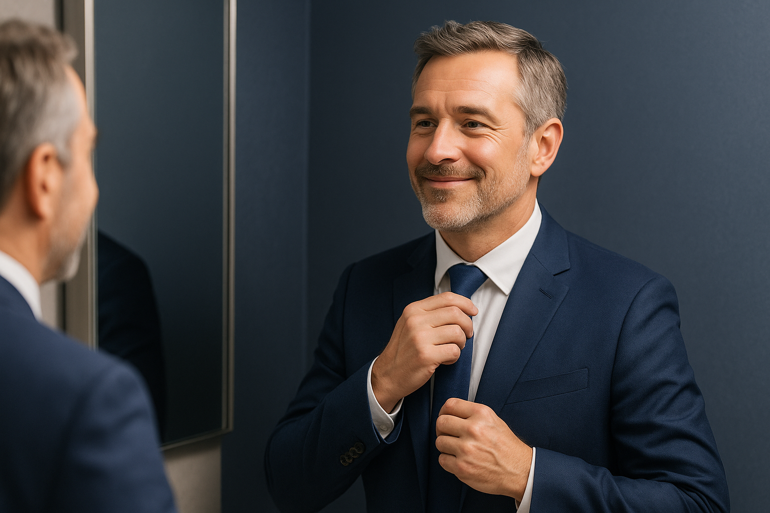 Western middle-aged businessman with a confident expression, symbolizing reassurance from recognizing early urinary leakage symptoms and using absorbent underwear