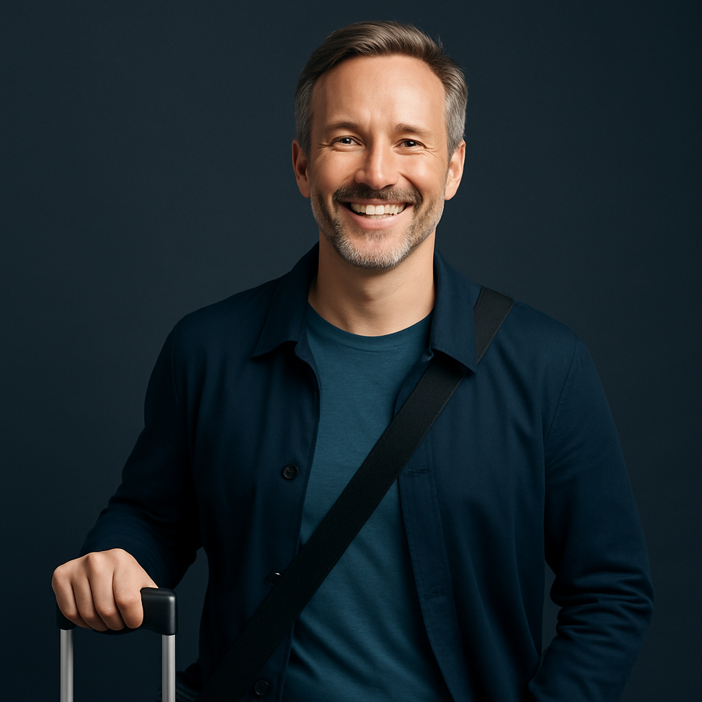 A confident Western middle-aged man smiling with reassurance against a navy-gray background, symbolizing trust and comfort with absorbent underwear during sports events and concerts